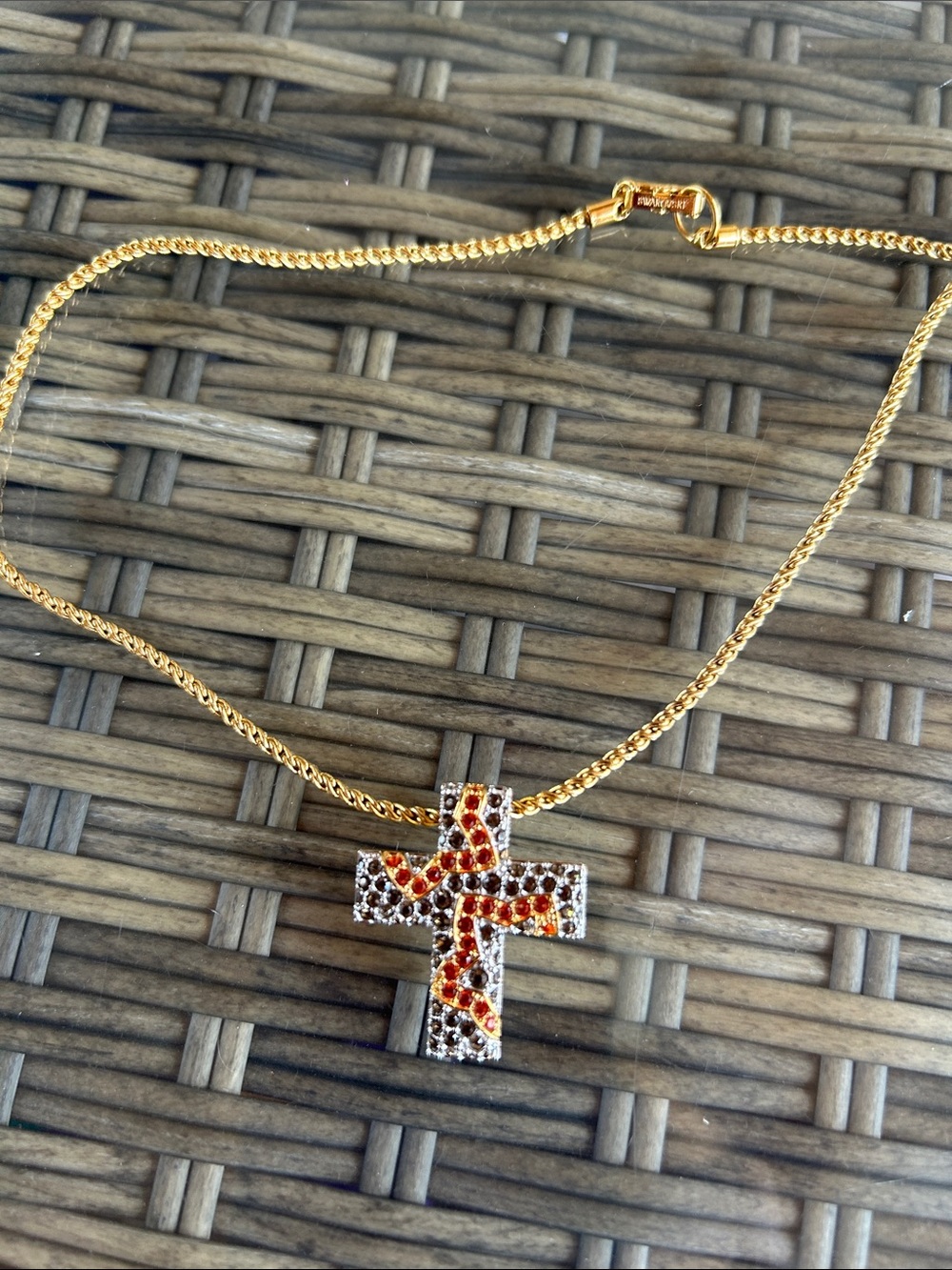 Swarovski Gold-Tone Cross Necklace with Orange and Grey Stones